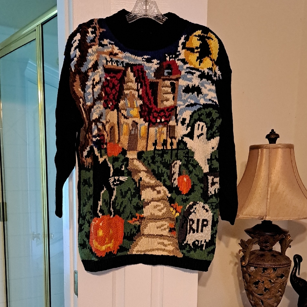 Vintage Halloween Novelty Knit Sweater with Haunted House Motif